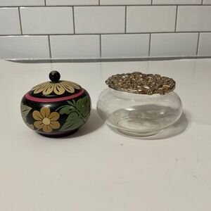 VTG Handpainted Lacquerware Trinket or Sugar Bowl & Glass Metal Trinket Dish